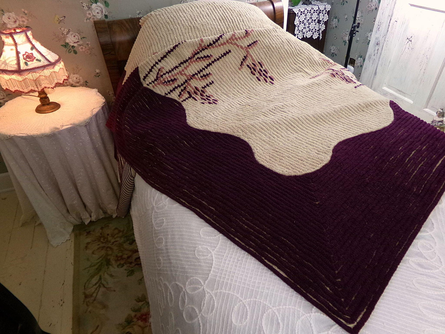 Art Deco Vintage Chenille Bedspread in Iconic Cattail Design, Shabby Antique Twin Size Bedding, #1