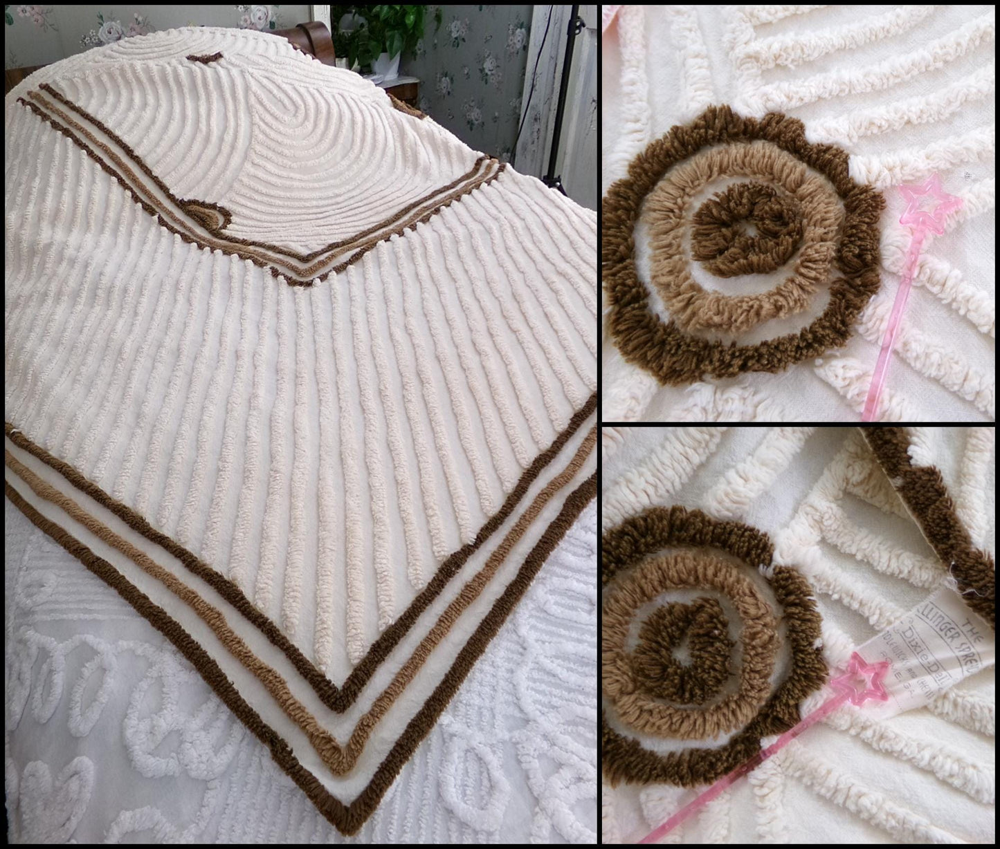 Vintage Chenille Bedspread Scalloped Shell Design Brown Donut Medallions, FULL Size
