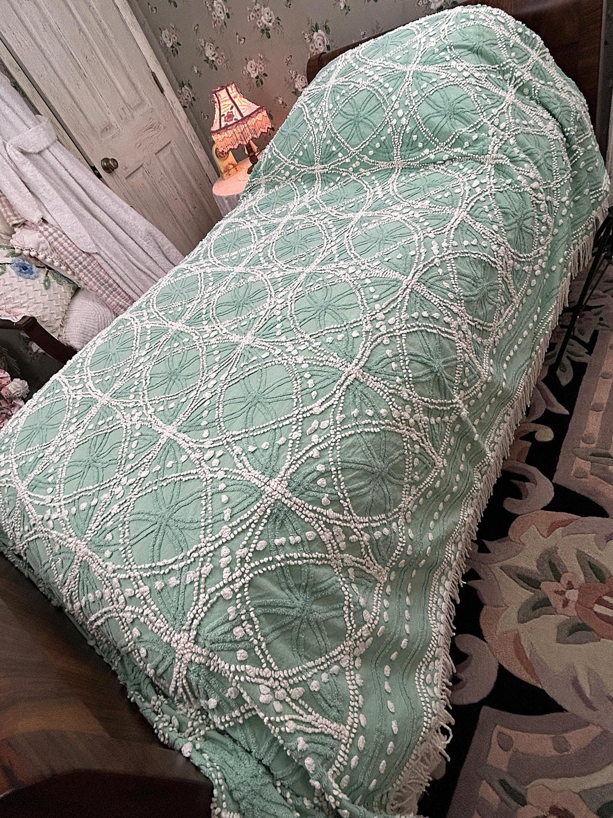 Vintage Chenille Bedspread Shabby Twin Jade Green White Spiderweb Starburst