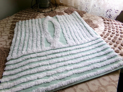 Fabric Piece from Vintage Chenille Bedspread in Mint Green & White Geometric Stripe, 12" x 22" inches