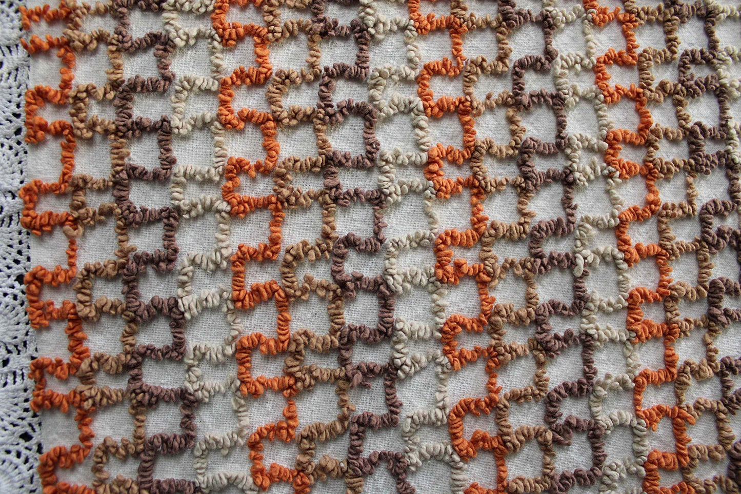 best boho colors vintage chenille fabric, fun pattern for small totes & bags, 20" x 24" inch piece, orange, mocha, chocolate, sand colors