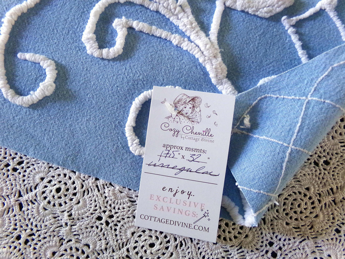 divine pink rose vintage chenille fabric, 17.5" x 32" inch piece, White Trellis & Scrollwork on Sky Blue Cotton, for Quilts, Pillows
