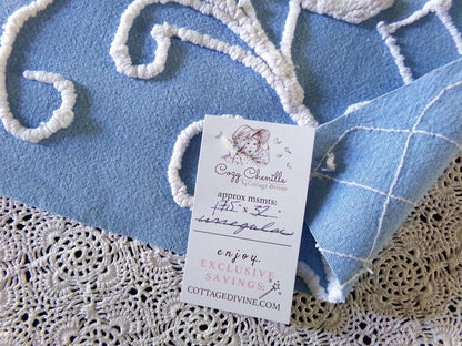divine pink rose vintage chenille fabric, 17.5" x 32" inch piece, White Trellis & Scrollwork on Sky Blue Cotton, for Quilts, Pillows