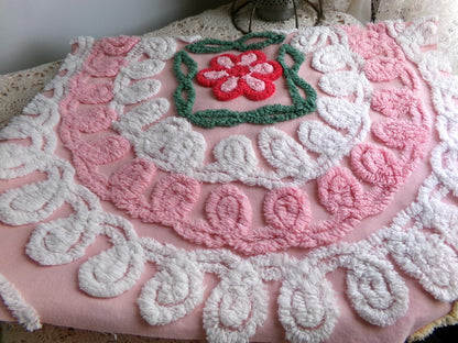 shabby pink vintage chenille fabric, cake frosting floral curlicues, 20" x 31"