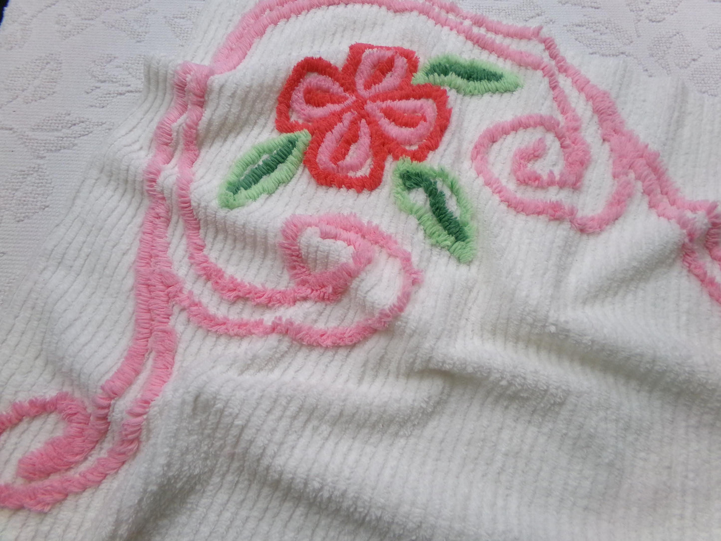 Vintage Chenille Fabric, Pink Flower Abstract Heart Piece Sewing & Quilt Material 22" x 23"