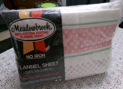 Vintage Twin Flannel Flat Sheet Floral Tulip Heart Design Pink Green White, 100% Cotton