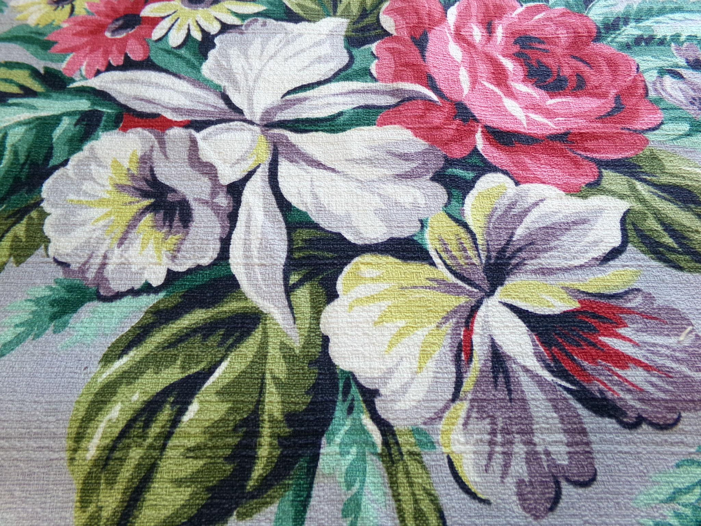 Silver Grey Botanical Vintage Barkcloth Fabric, Tropical Exotic Floral Print, 22" x 24" inches, Ideal Fabric Piece for Pillows