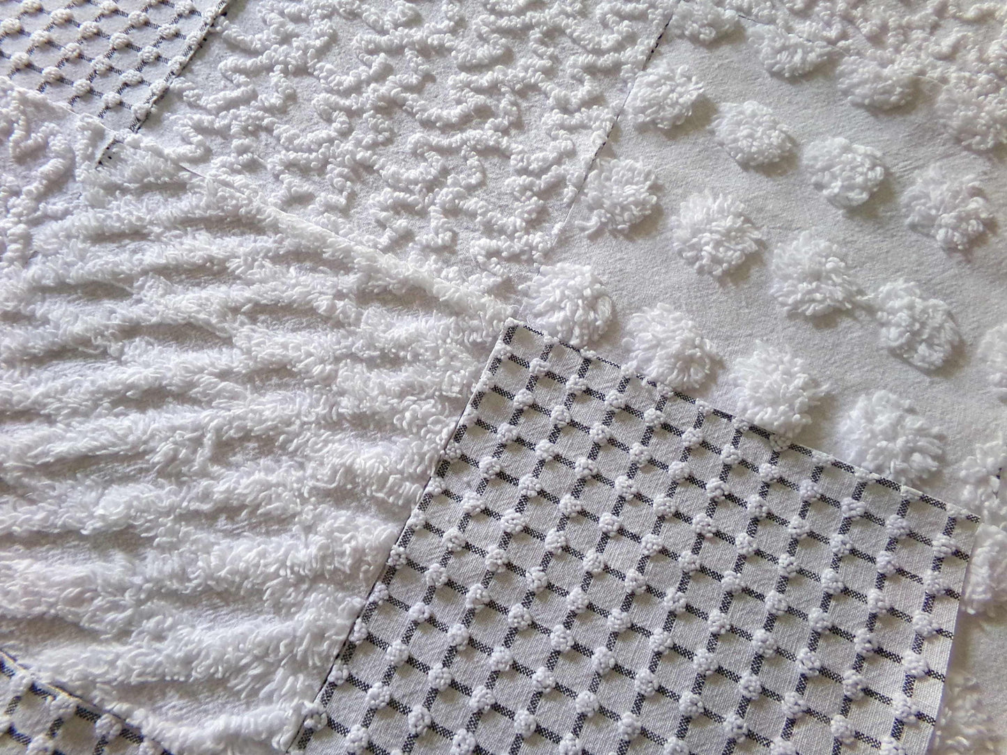 Snowstorm White Vintage Chenille Fabric Squares, Diamond Ice, Coin Pop, Squiggle & Micro Grid, Set of 16 Quilt Blocks, 6" x 6" inch each