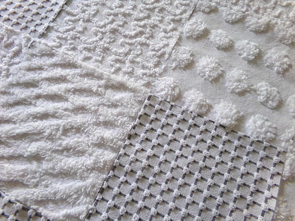 Snowstorm White Vintage Chenille Fabric Squares, Diamond Ice, Coin Pop, Squiggle & Micro Grid, Set of 16 Quilt Blocks, 6" x 6" inch each