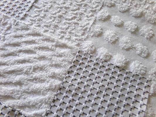 Snowstorm White Vintage Chenille Fabric Squares, Diamond Ice, Coin Pop, Squiggle & Micro Grid, Set of 16 Quilt Blocks, 6" x 6" inch each