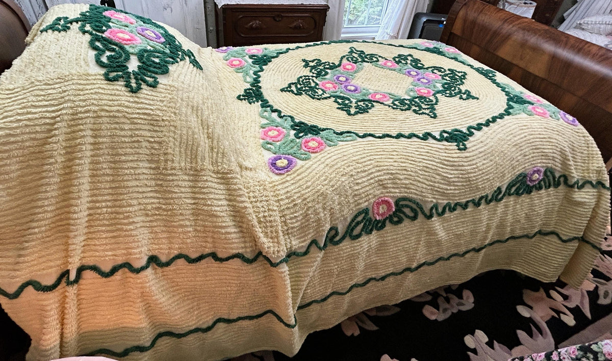 Vintage Yellow Chenille Bedspread, Lollipop Roses & Green Medallion Scrolls, Full Size