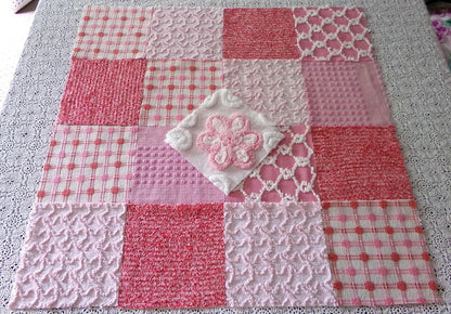 Pink *Strawberry Shortcake* Colors Vintage Chenille Fabric Squares, Set of 17 Adorable 6" Quilt Blocks for Quilting, Sewing