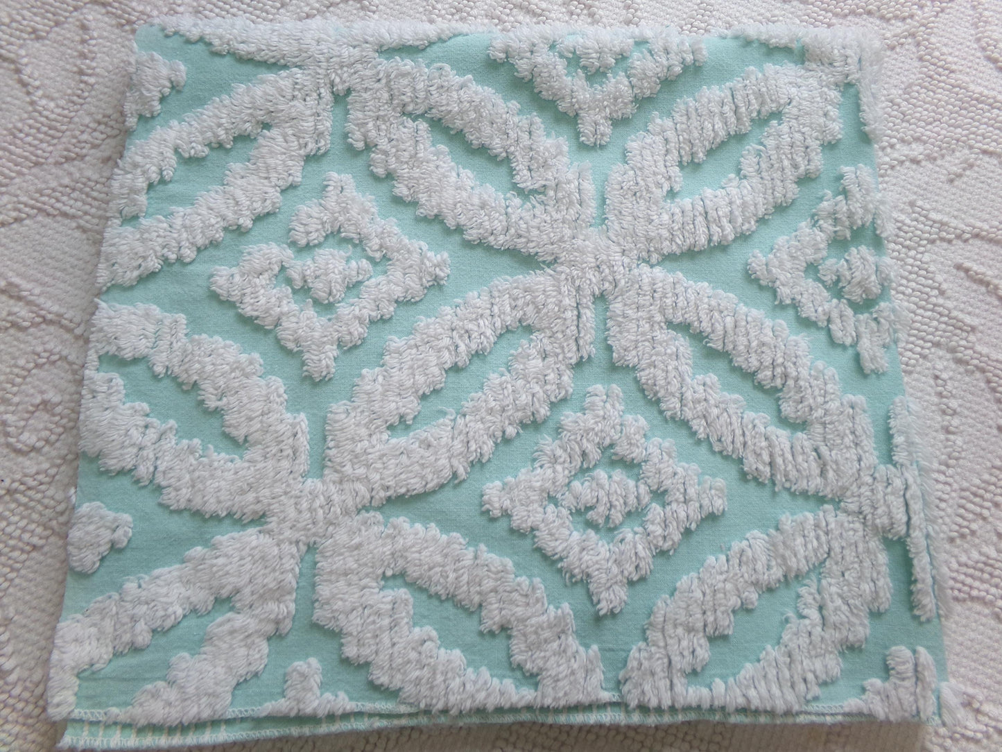 vintage aqua chenille fabric, white petals geometric design, 20" x 24" piece of sewing material
