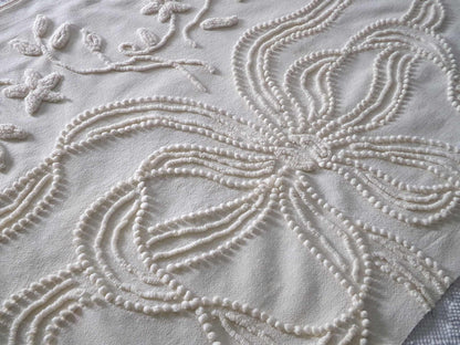 Exquisite Heirloom Vintage Chenille Fabric Piece, Large Bow & Lily Flowers in Antique Cream, 23" x 37" inch piece, lovely for a wall hanging
