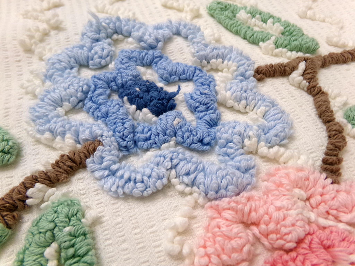 Vintage Chenille Fabric, Tufted Floral Bouquet on Cotton Seersucker, 19x26"