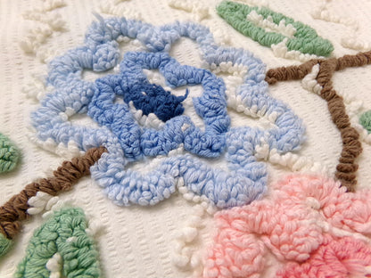 Vintage Chenille Fabric, Tufted Floral Bouquet on Cotton Seersucker, 19x26"