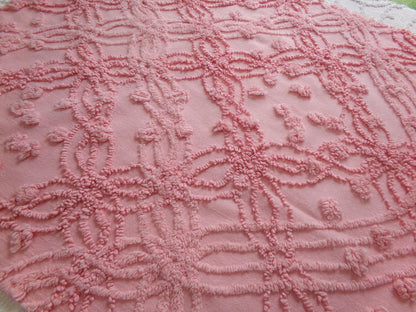 bubblegum pink vintage chenille bedspread fabric, geometric design, 18" x 24"