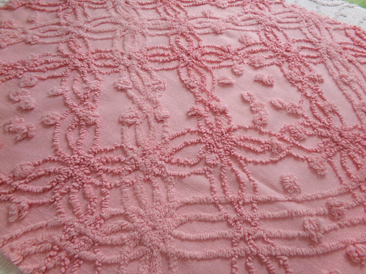 bubblegum pink vintage chenille bedspread fabric, geometric design, 18" x 24"