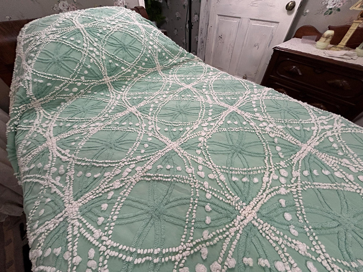 Vintage Chenille Bedspread Shabby Twin Jade Green White Spiderweb Starburst