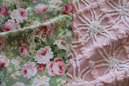 Cottage Coordinated Vintage Fabric Bundle: Gorgeous Plush Tufted Chenille Piece & Mint Green Cabbage Rose Cotton Fabric, for Quilts, Crafts