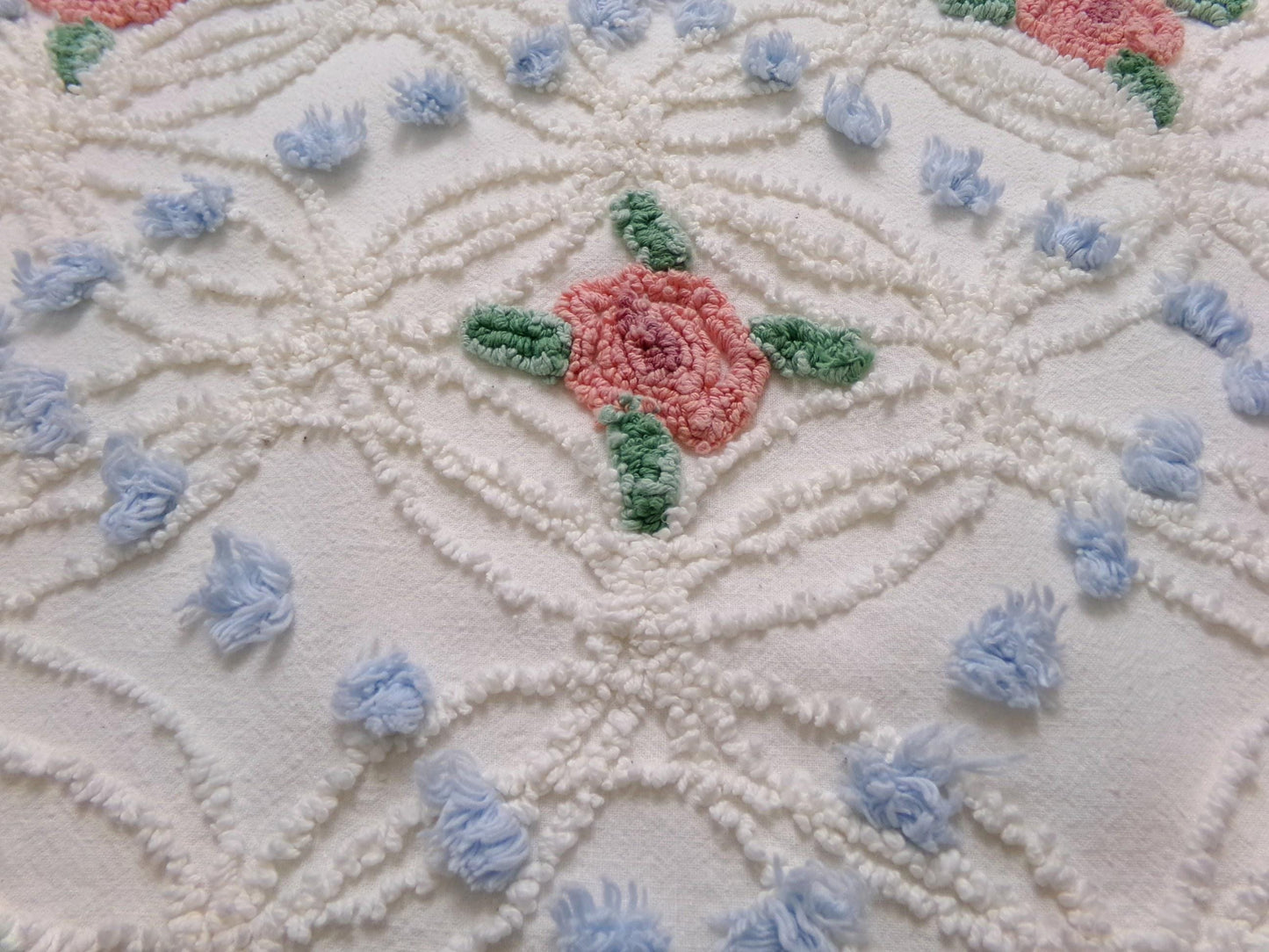 Pink Roses in Winter Vintage Chenille Bedspread Fabric, Romantic 22" x 20" Piece Sewing Material
