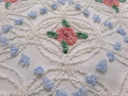 Pink Roses in Winter Vintage Chenille Bedspread Fabric, Romantic 22" x 20" Piece Sewing Material