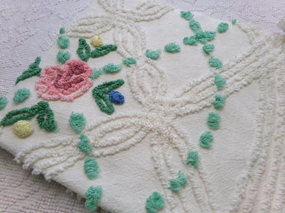 vintage chenille bedspread fabric cottage style pink rose jade green pops 26x22"