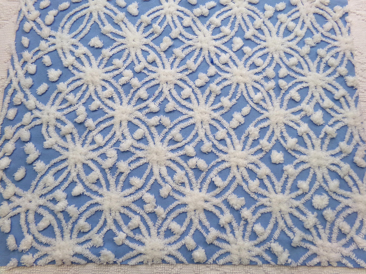 Blue & White Vintage Chenille Fabric Dimensional Snowflake Dots Quilting Craft Supply, 20" x 24"