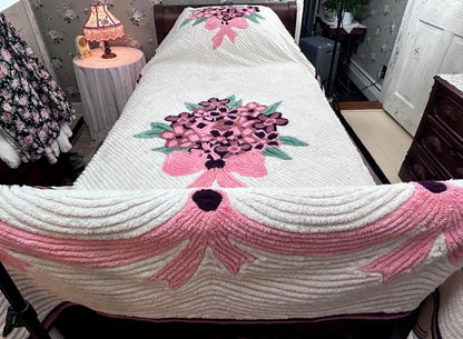 Heirloom Vintage Chenille Bedspread, Plush Full Floral Bouquet & Bow Swag Design