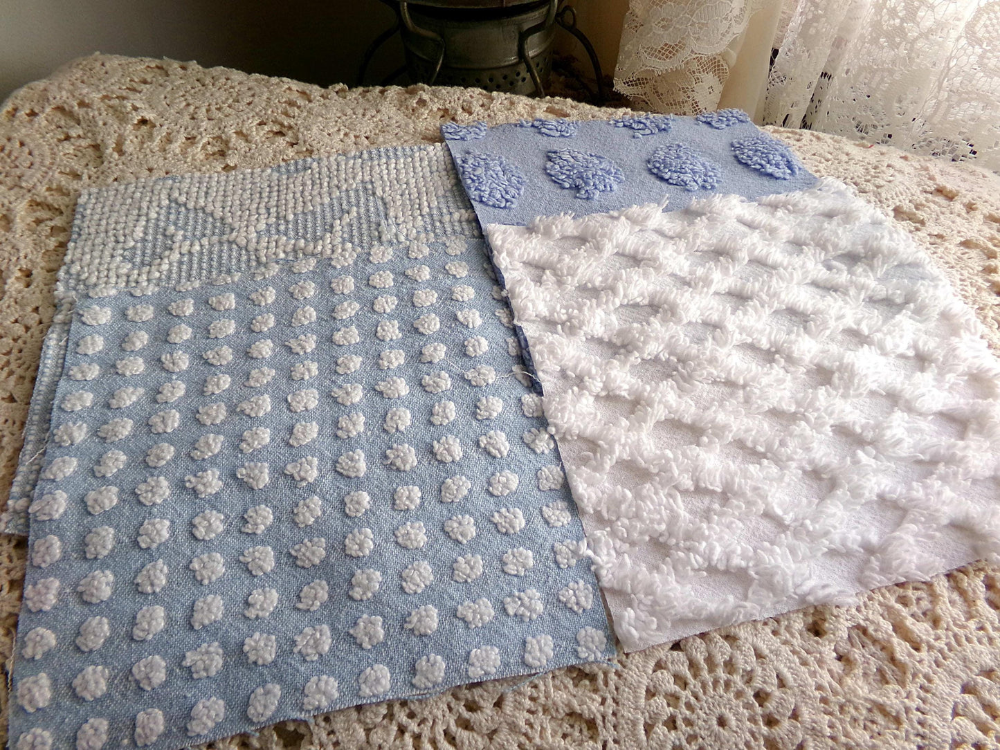 blue chenille fabric squares, set of 16 vintage 6" quilt blocks in coastal blues & white textures