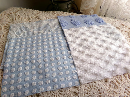 blue chenille fabric squares, set of 16 vintage 6" quilt blocks in coastal blues & white textures