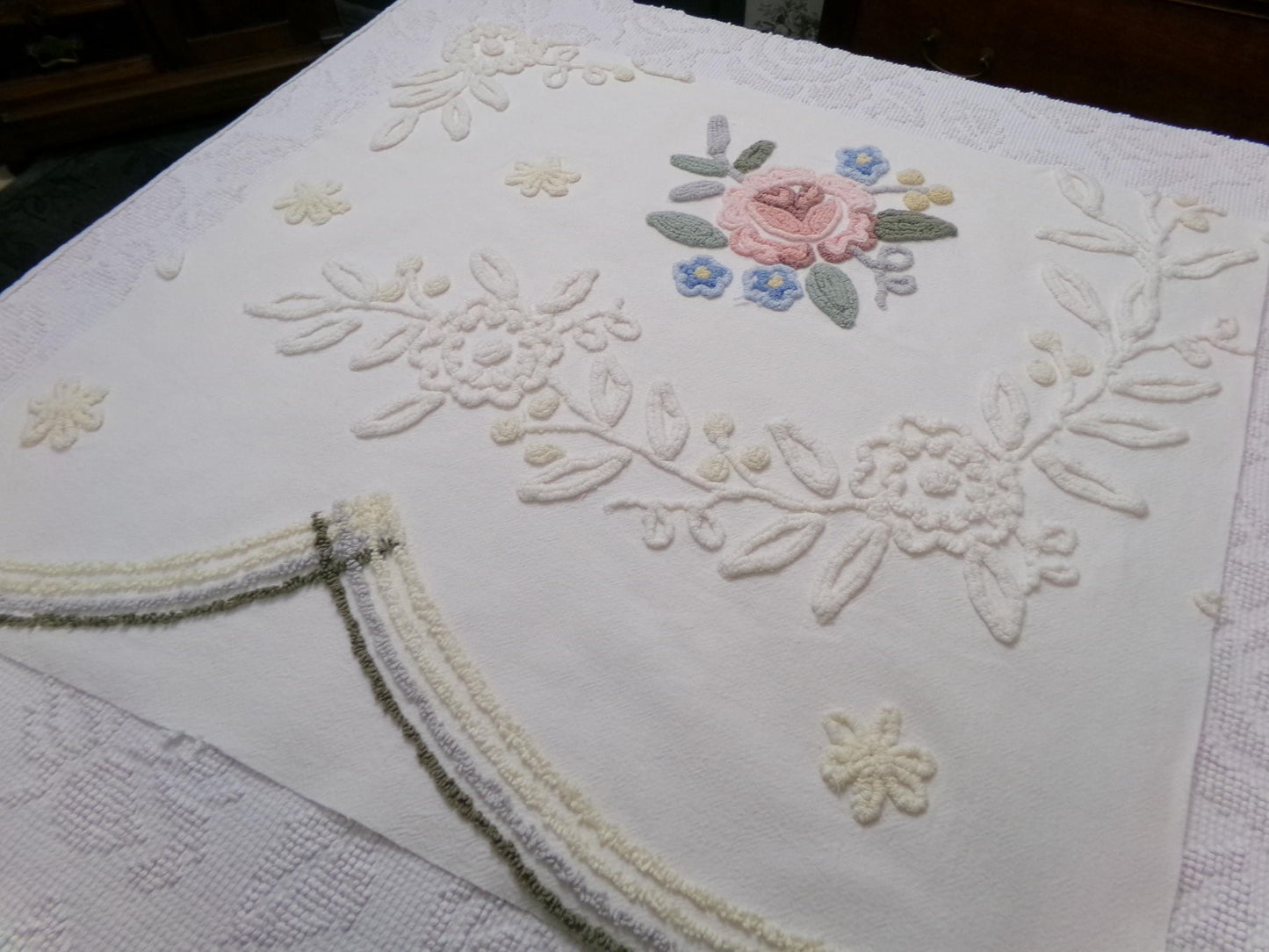 Solitary Rose Vintage Chenille Bedspread Fabric, Shabby Sweet Sewing Material, 22" x 24"