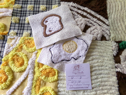 retro diner vintage 6" chenille squares, set of 16 novelty quilt blocks cut from vintage chenille bedspread fabrics, breakfast eggs & toast