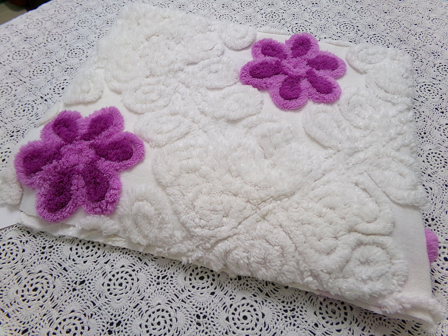 Snowy Violets Vintage Chenille Bedspread Fabric Purple & White 26 x 20" Piece
