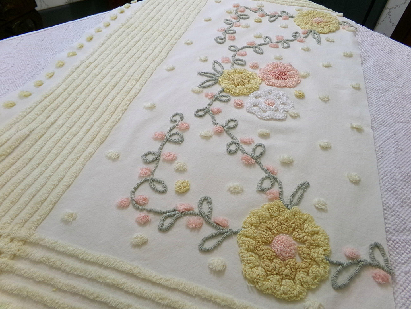 cottage floral vintage chenille fabric, buttercup yellow quilt sewing material, large 20" x 40" piece