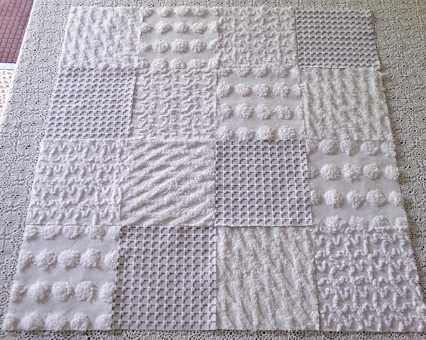 Snowstorm White Vintage Chenille Fabric Squares, Diamond Ice, Coin Pop, Squiggle & Micro Grid, Set of 16 Quilt Blocks, 6" x 6" inch each