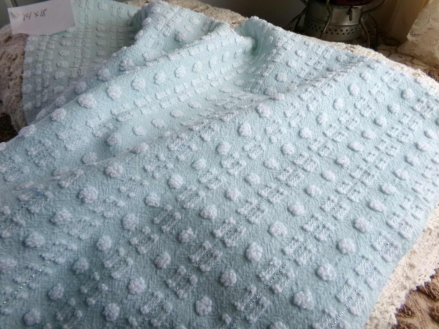 Aqua White Vintage Chenille Quilt Fabric, Petite Double Dash Dot, Silver Lurex, 19x22"
