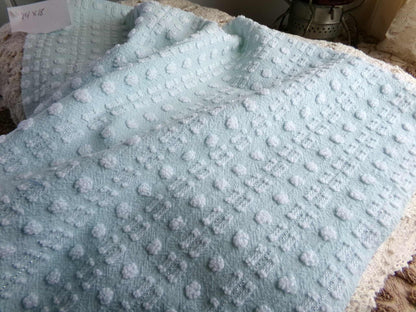 Aqua White Vintage Chenille Quilt Fabric, Petite Double Dash Dot, Silver Lurex, 19x22"