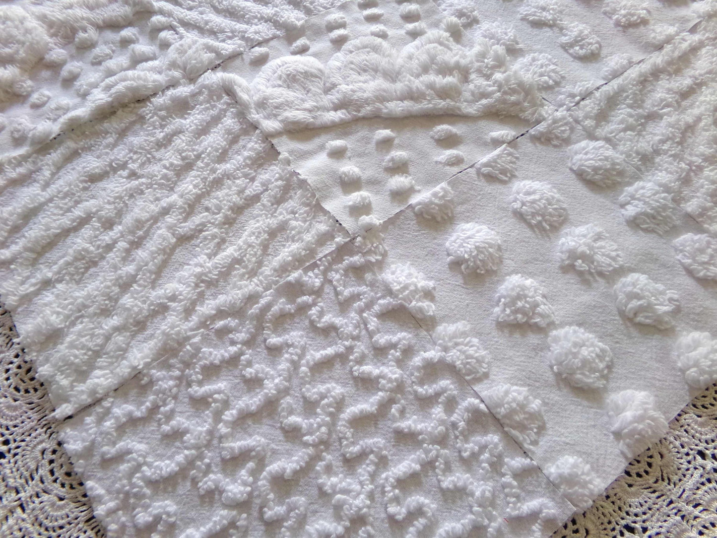 snow bunny vintage chenille fabric squares, 16 vintage white 6" quilt blocks w/ pops, squiggles, diamond lattice & swirls