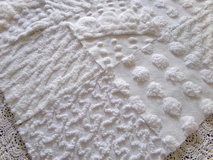 snow bunny vintage chenille fabric squares, 16 vintage white 6" quilt blocks w/ pops, squiggles, diamond lattice & swirls
