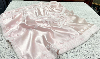 Pink Satin Vintage Fabric, Shabby Tufted Chenille 24x23" Sewing Craft Textile