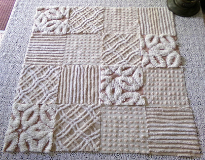 Neutral Modern Chenille Quilt Squares Set from Vintage Bedspread Fabric, 16 Blocks 6" x 6" inch, Daisy, Wavy Honeycomb, Stripe, Dot Patterns