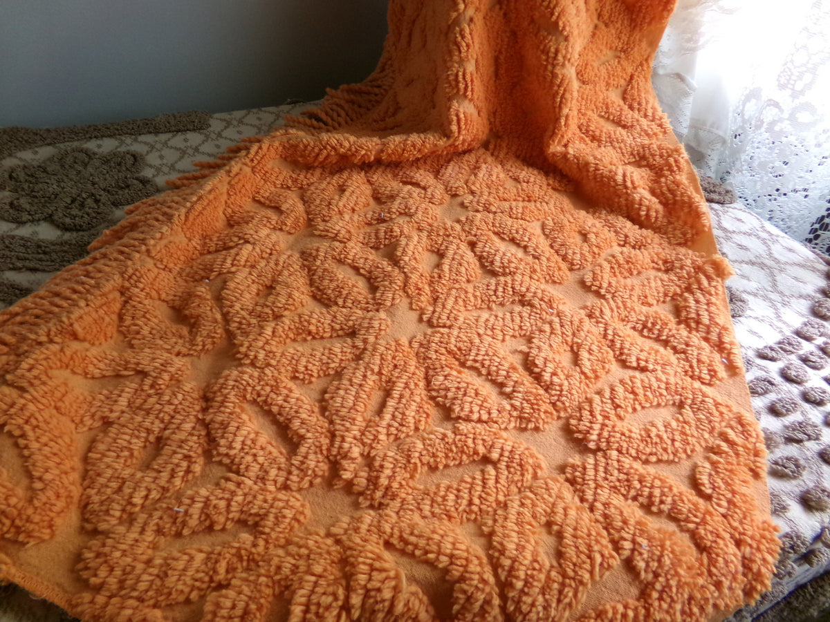 Orange Daisy Vintage Chenille Fabric 17x24" Pc, 1970s Flower Power Boho Style