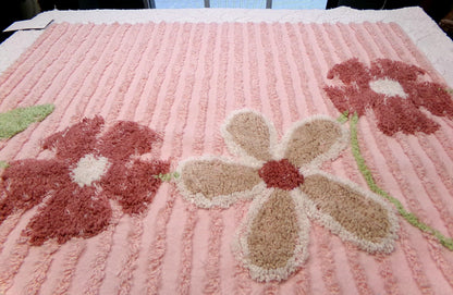 Vintage Chenille Bedspread Fabric, Pink Tufted Climbing Florals, 20" x 26" piece