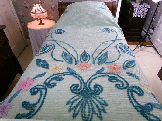 Mint Green Vintage Floral Chenille Bedspread, Sprawling Scroll Flowers Design, Full Size Cottage Style Cotton Bedding