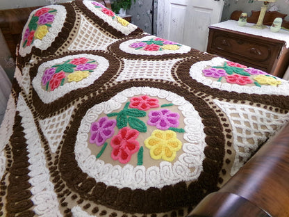 Vintage Chenille Bedspread, Rainbow Hearts Chocolate Brown, Full Size