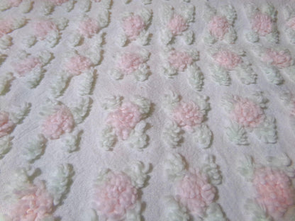 Shabby Pink Rosebud Vintage Chenille Bedspread Fabric Piece, Cottage Style Quilt Material 18" x 24"