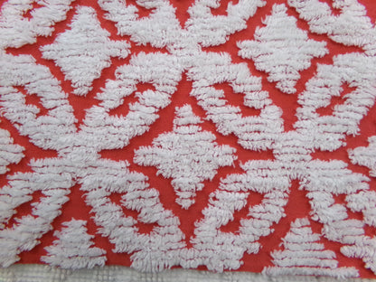 Classic Red Vintage Chenille Fabric, tufted white geometric designs, piece sewing craft quilt material, 18" x 24"