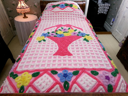 plush cupcake frosting vintage chenille bedspread, pink flower basket w/ cathedral stripes, girly cottage full size luxury cotton bedding