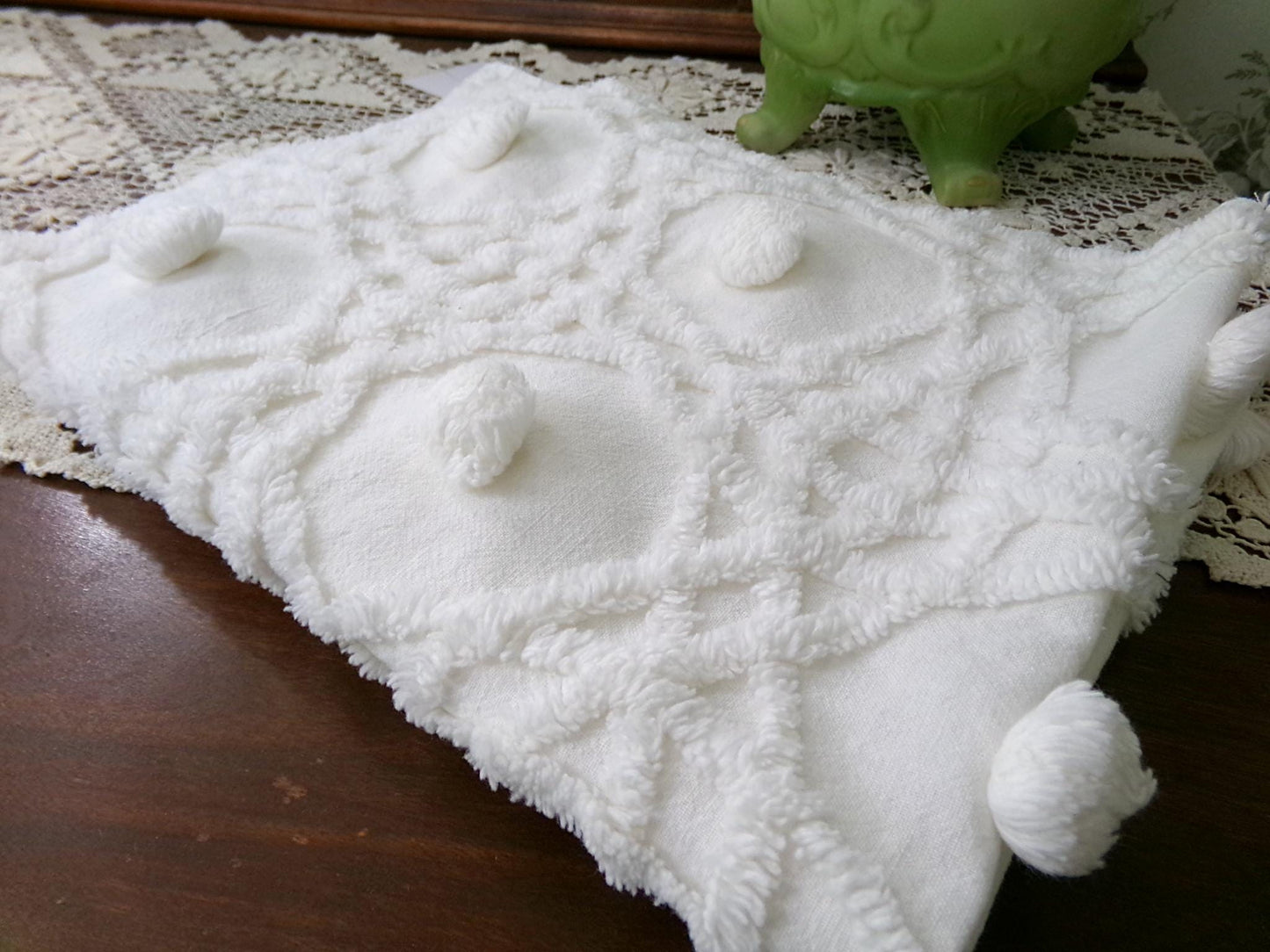 Vintage Chenille Bedspread Fabric, Plush Blue Flowers White Curlicues, 18x24" Piece